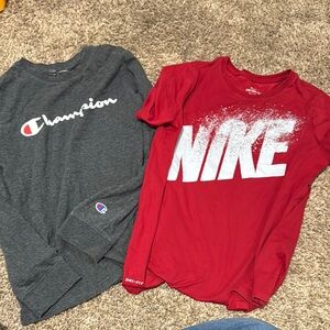 Champion Gray  Kids Long Sleeve Shirt and red Nike short sleeve shirt size kid L